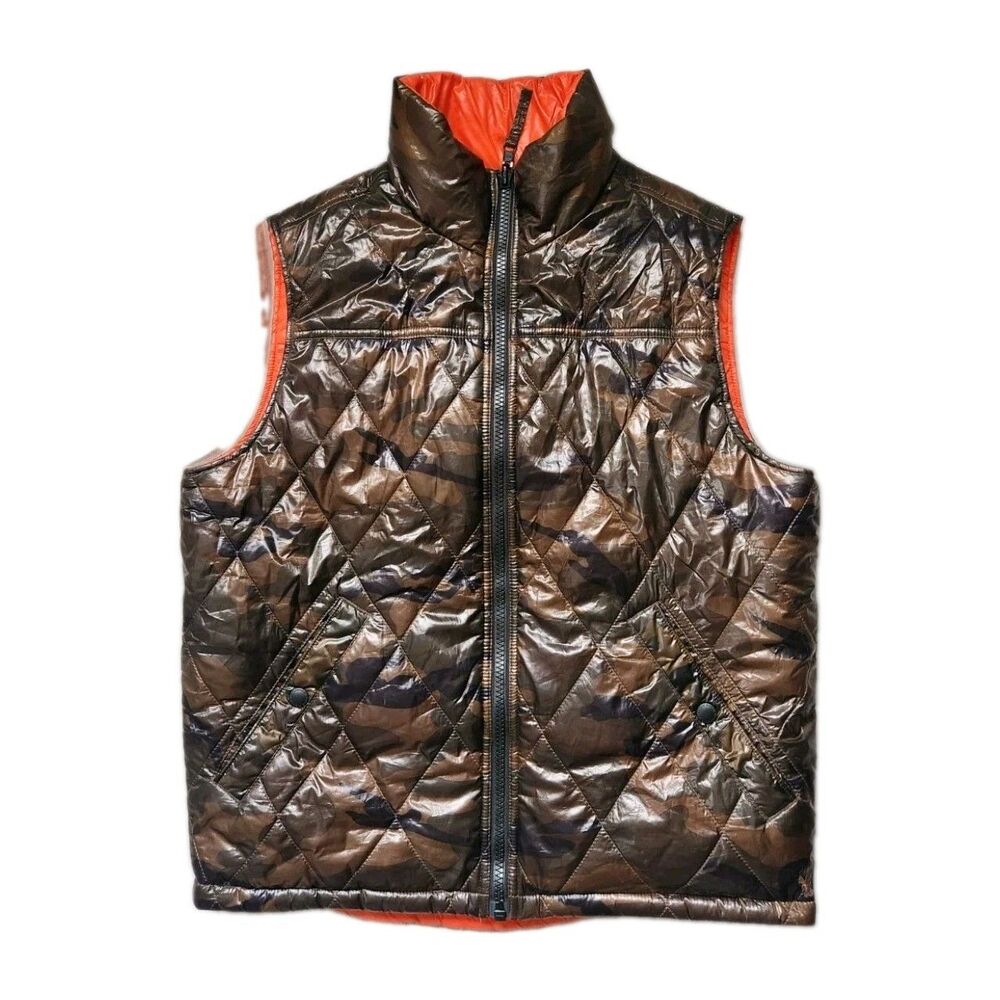 American Eagle AEO Reversible Quilted Vest Camo Orange Zip Lightweight Men L EUC